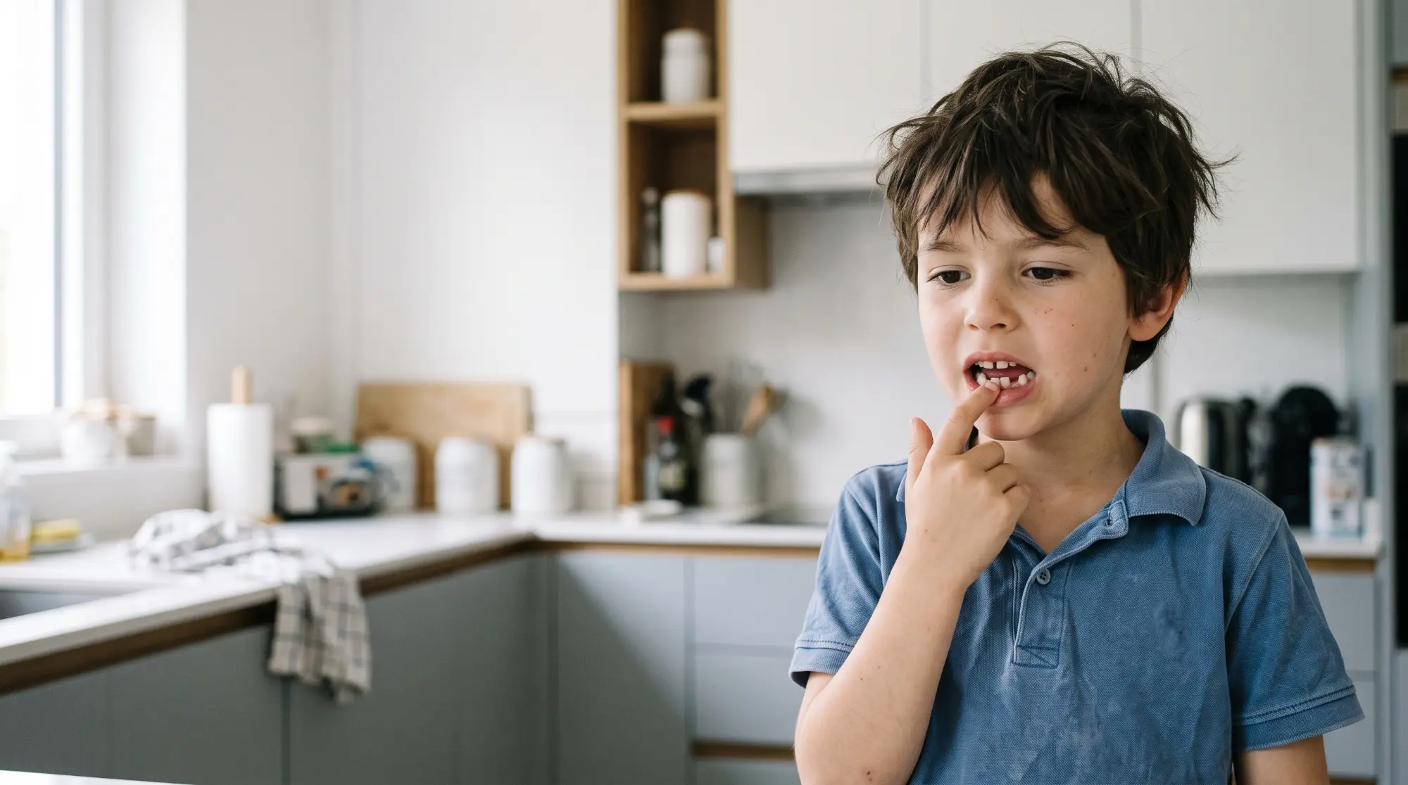 Cuantos dientes tiene un ser humano Niño con polo azul se toca los dientes en una cocina blanca, descubriendo cuántos dientes tiene un ser humano.